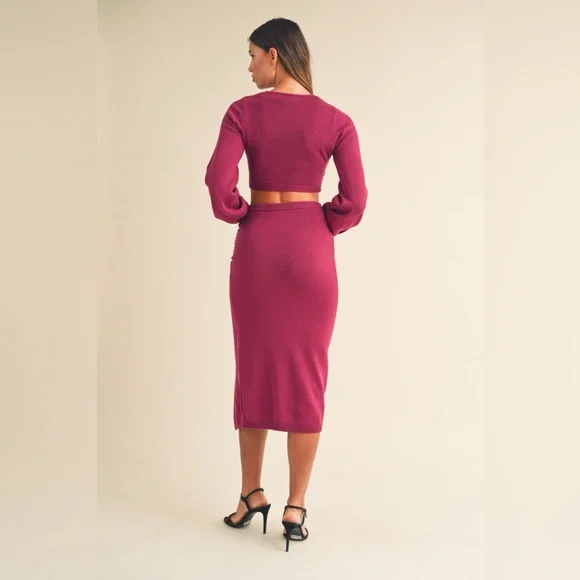 MABLE Front Twisted Knit Top and Midi Skirt Set 10010093340